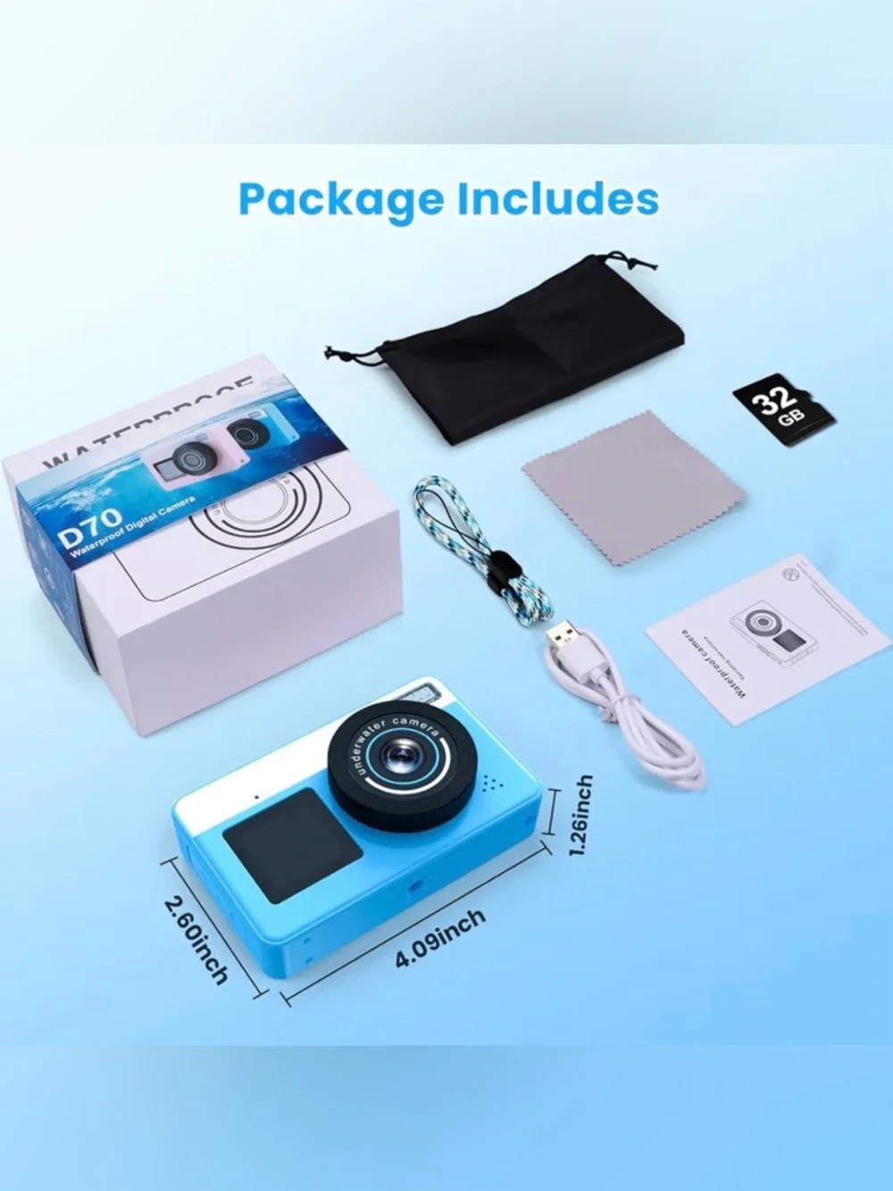 Blue Waterproof Kids Digital Camera - Compact Underwater Photo & Video